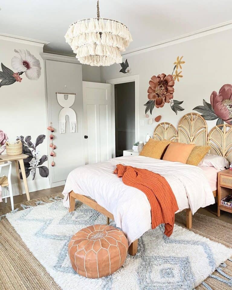 Tryptic Wicker Headboard in Bohemian Bedroom