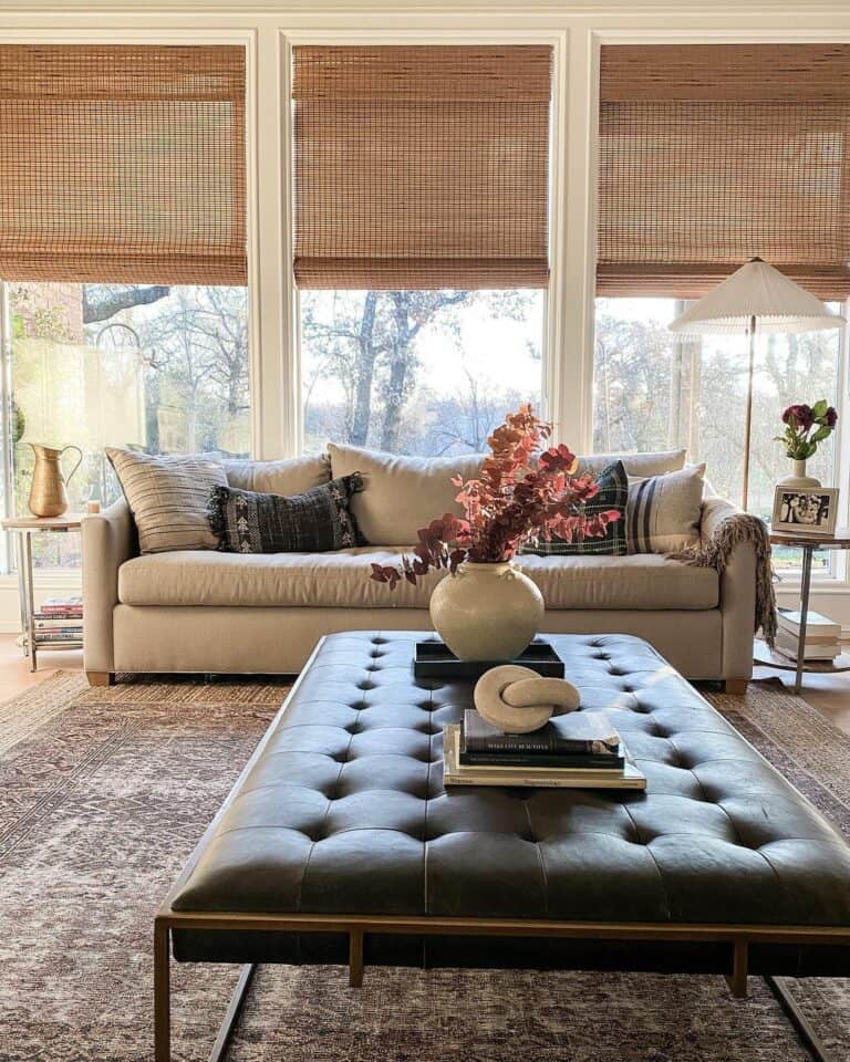 Round End Tables Beside Beige Sofa