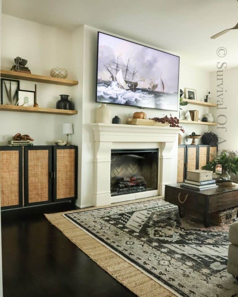 Wood Floatings Shelves around Fireplace