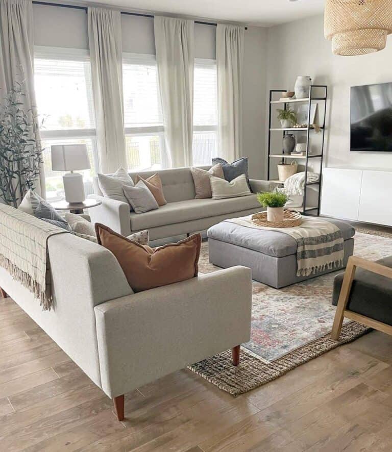 Gray and White Living Room With Jute Light Fixture