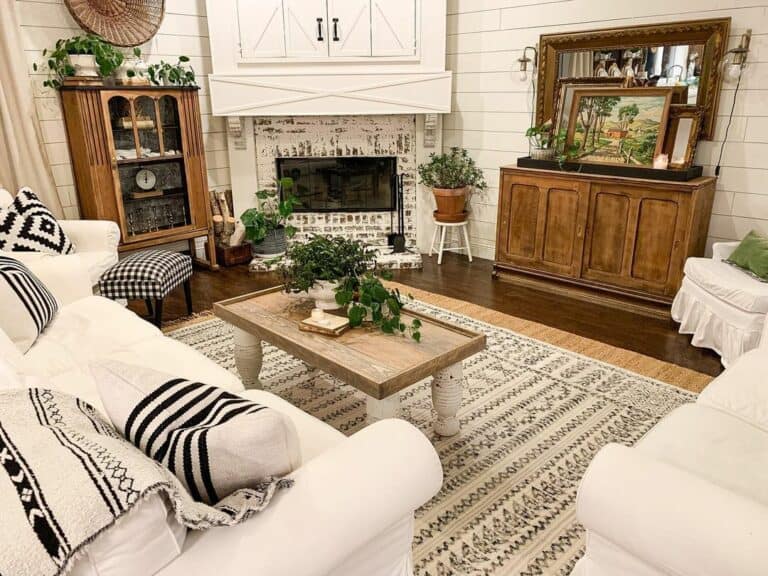Geometric Layered Rugs in Living Room