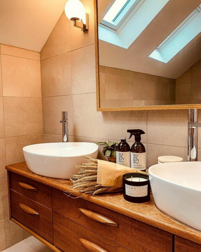 Wood Vanity with Modern Vessel Sinks