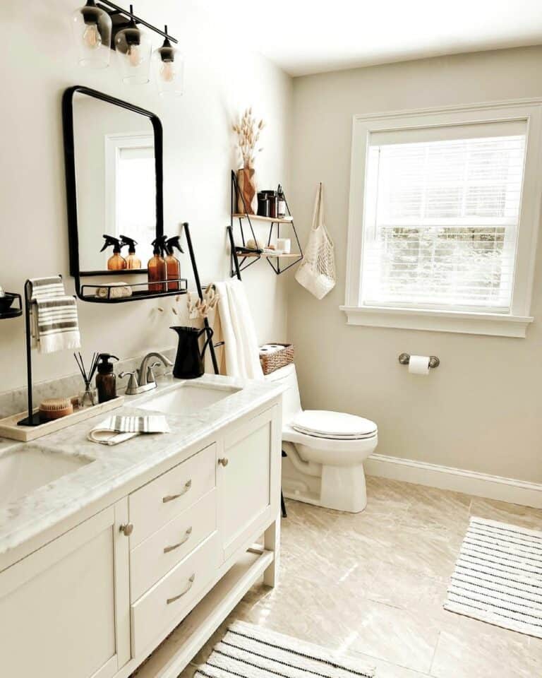 White Vanity With Black Bathroom Towel Holder Ideas