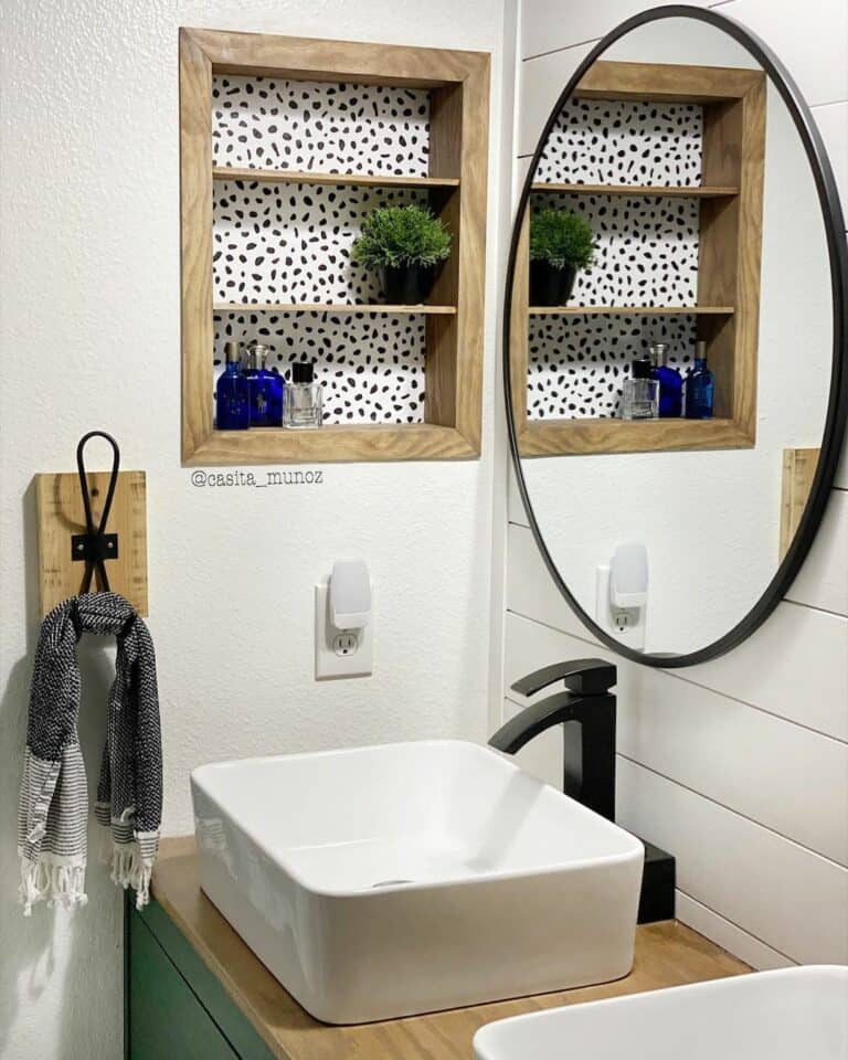 Wood and Black Metal Bathroom Towel Holder