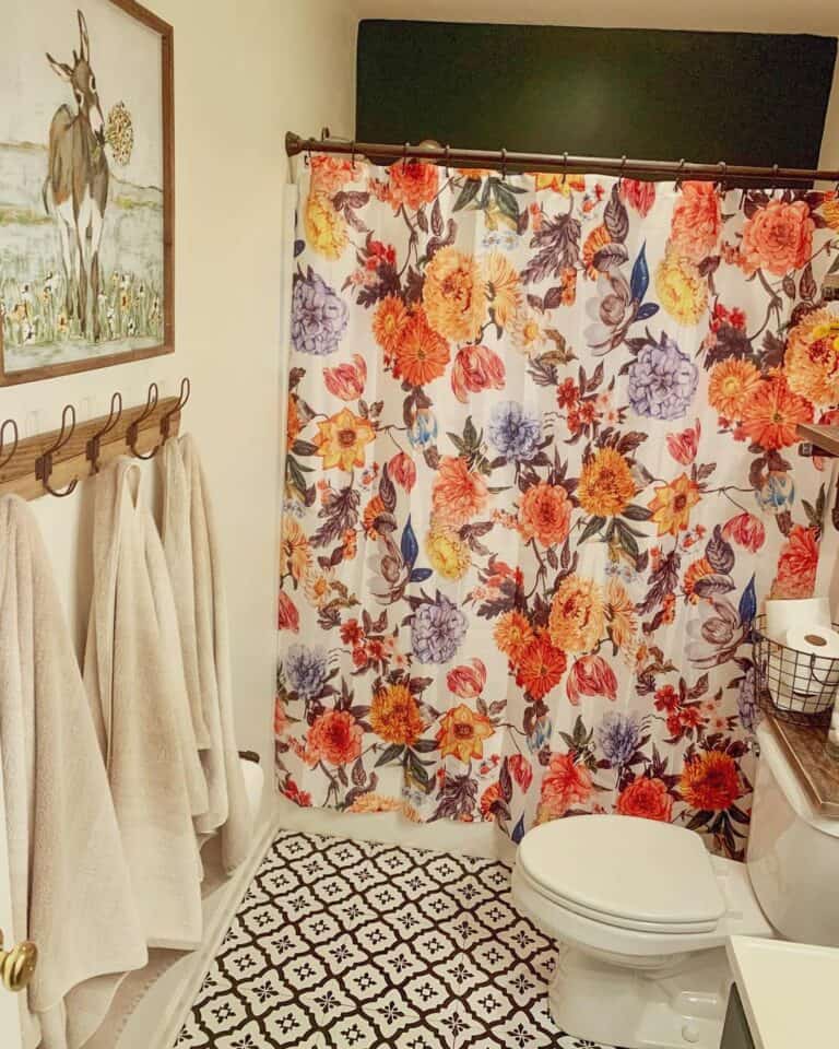 Bathroom With Wood and Black Metal Towel Rack
