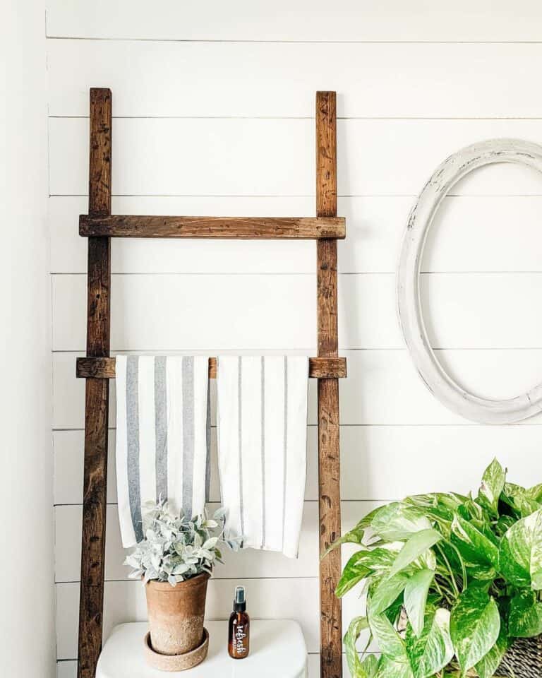 Stained Wood Bathroom Towel Ladder