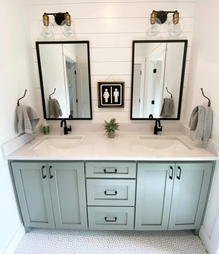 Teal Double Sink Vanity With Bronze Towel Hooks