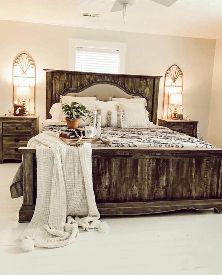 Rustic Bed Frame Showcases Textured Bedding