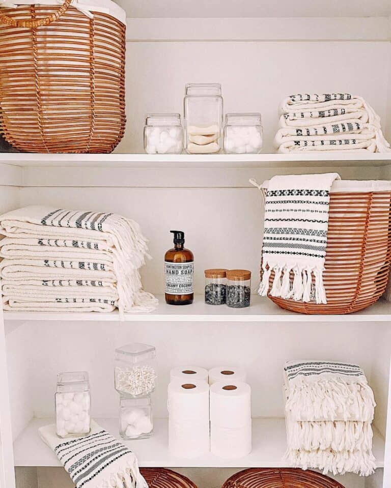 Shelving With Organizational Straw Baskets