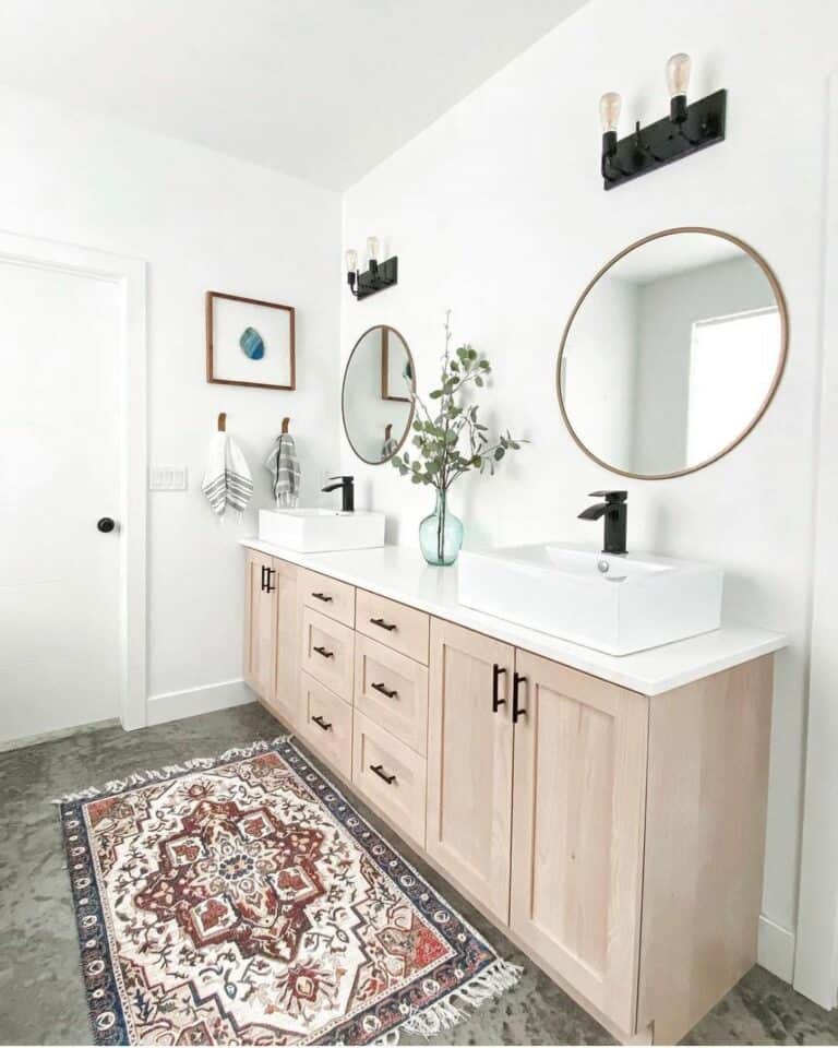 Modern Farmhouse Master Bathroom With Carpeting