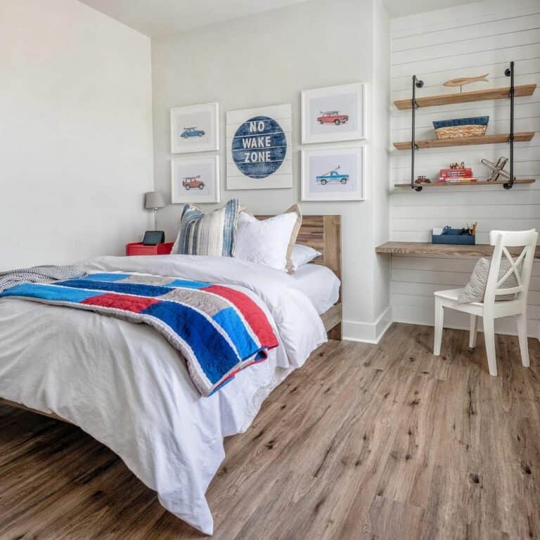 Colorful Bedding Brightens Wood Accent Bedroom