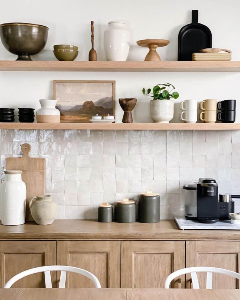White Oak Floating Shelves on White Dining Room Wall