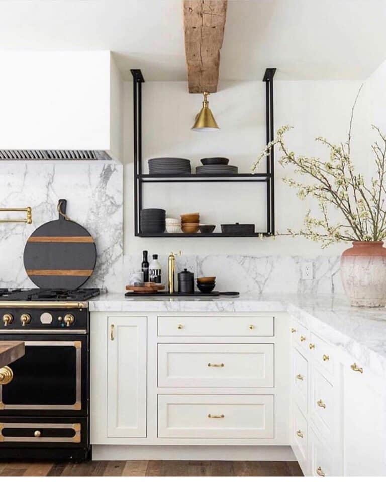 Light Grey Stone Backsplash with Black Stove