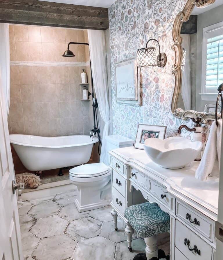 Black Shower Head and Handle in an Ornate Bathroom