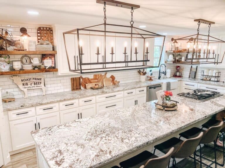 Long Black T-Bar Pulls with Grey and Brown Countertop