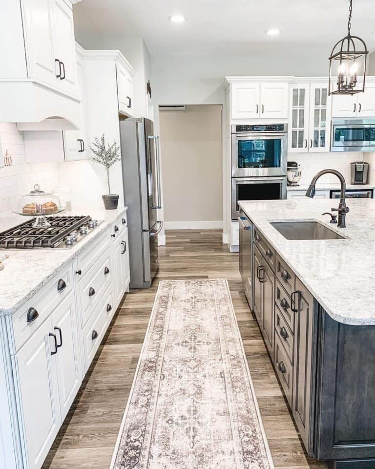 White Kitchen with Dark Island and Black Hardware