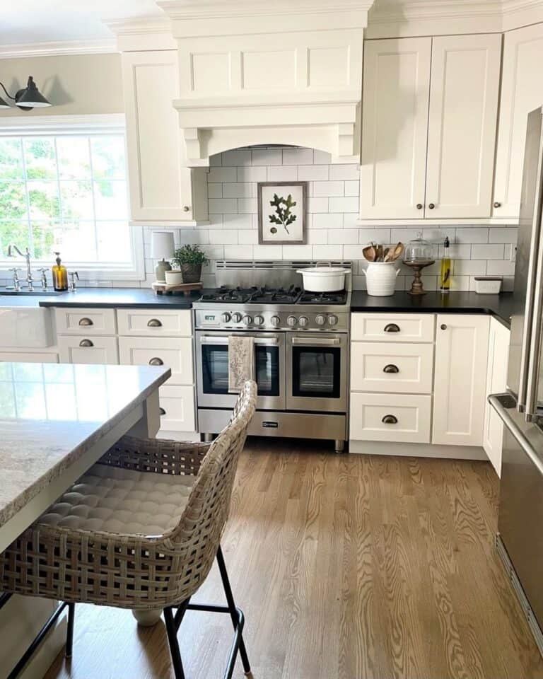 Antique Brass Cup Pulls in Farmhouse Kitchen