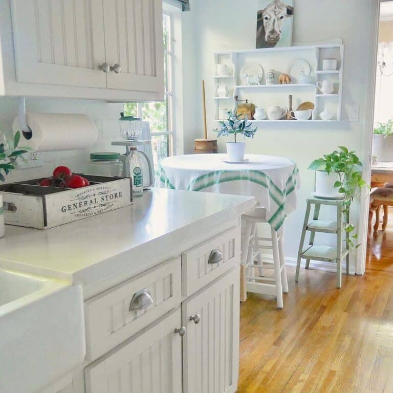 White Bead Board Cabinetry with Satin Nickel Pulls