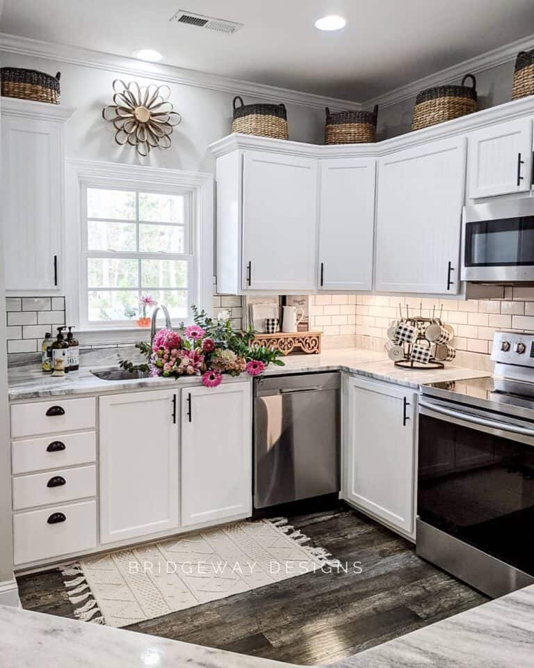 Black Cupboard Handles and Cup Drawer Pulls in White Kitchen