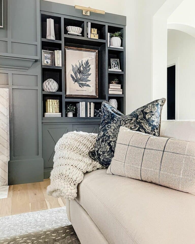 Cream Couch With Charcoal Shelving