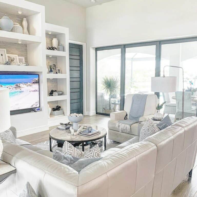 Pretty Pastel Living Room With Glass Sliding Doors