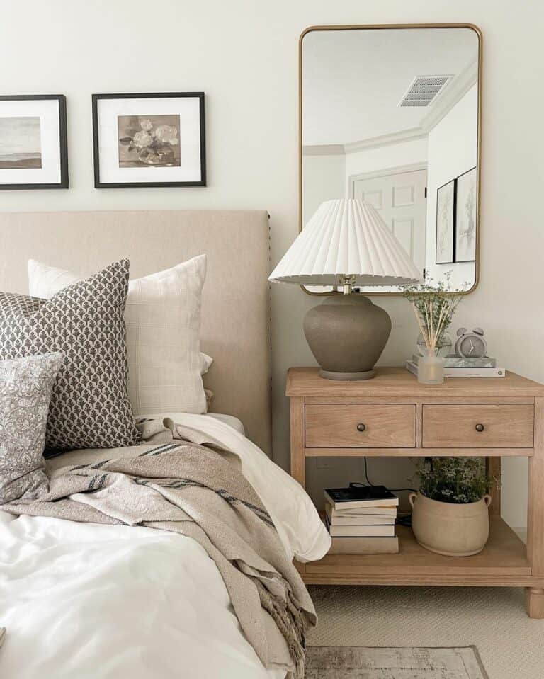 Neutral Décor and Rectangular Mirror Above Nightstand