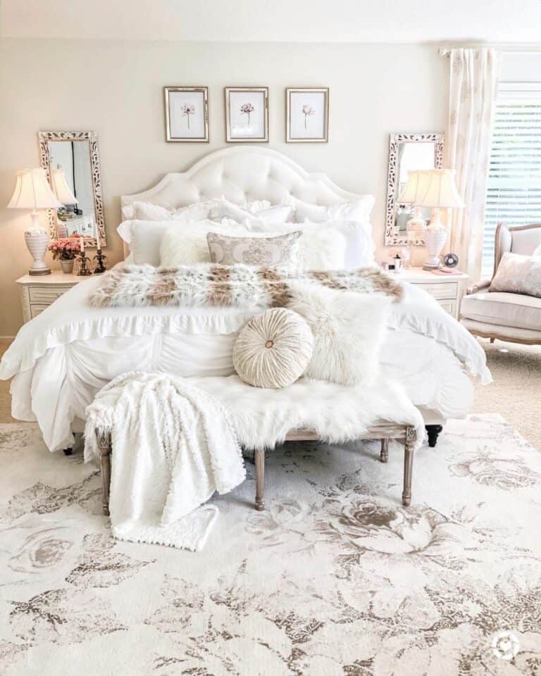 Plush Bedroom with Embellished Rectangular Mirrors