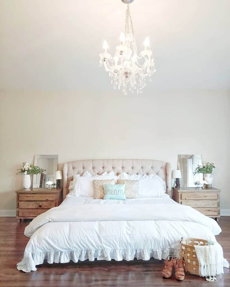 Crystal Chandelier in Wood Nightstand Bedroom