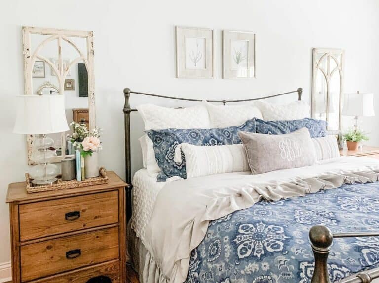 White Farmhouse Mirrors on Wood Nightstands