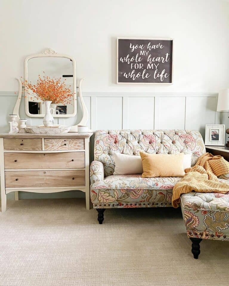 Floral Couch with Matching Tufted Ottoman