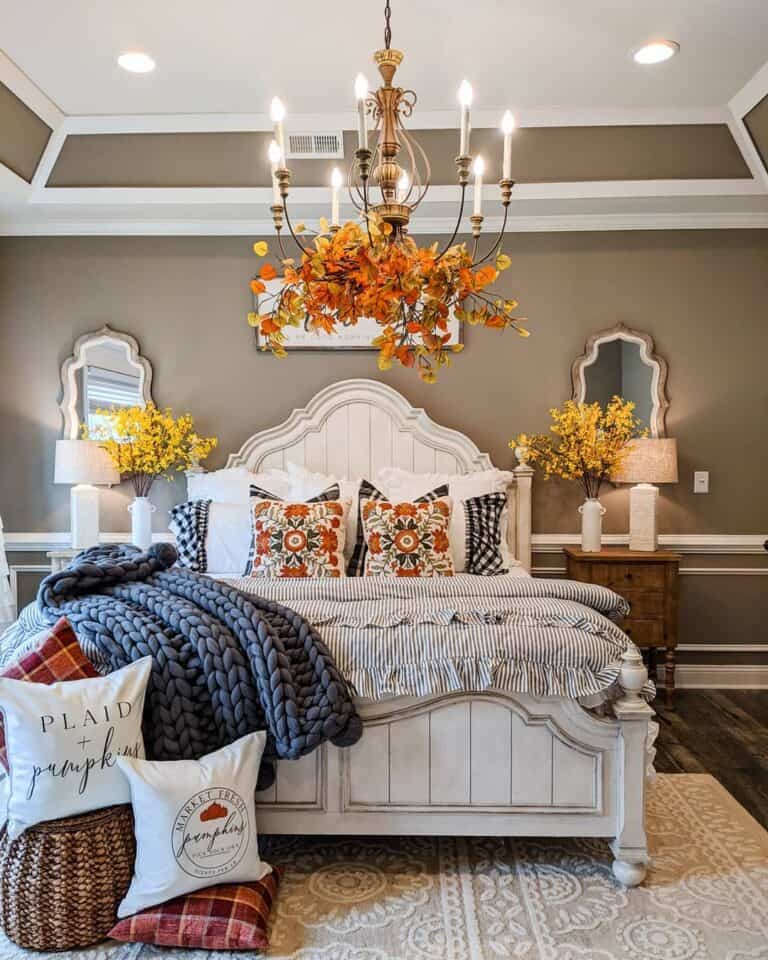 Fall Décor in Bedroom with Chandelier