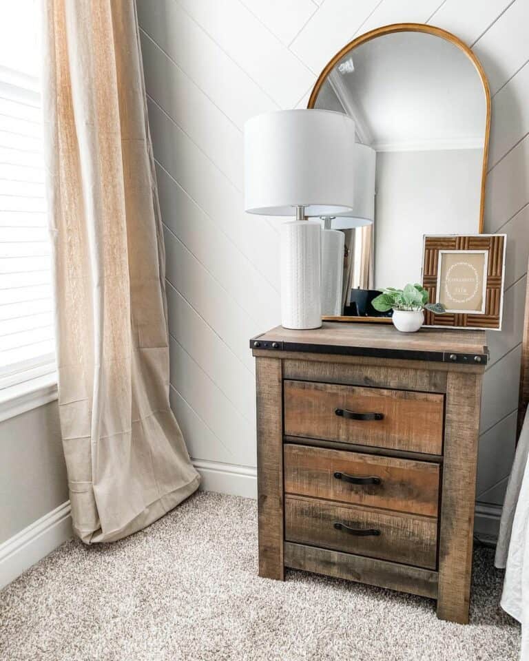 Herringbone Accent Wall and Rustic Wood Nightstand
