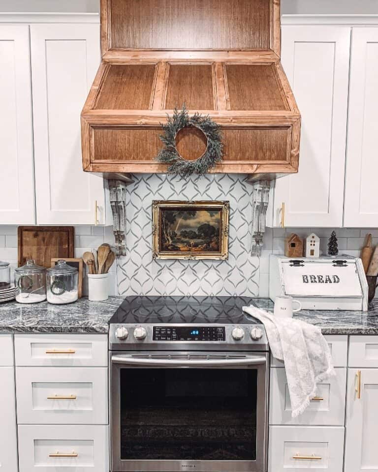 Wood Range Hood in White Kitchen
