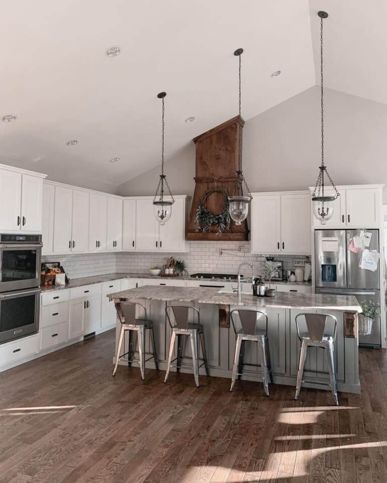 Gray Kitchen Island with Glass Pendant Lighting