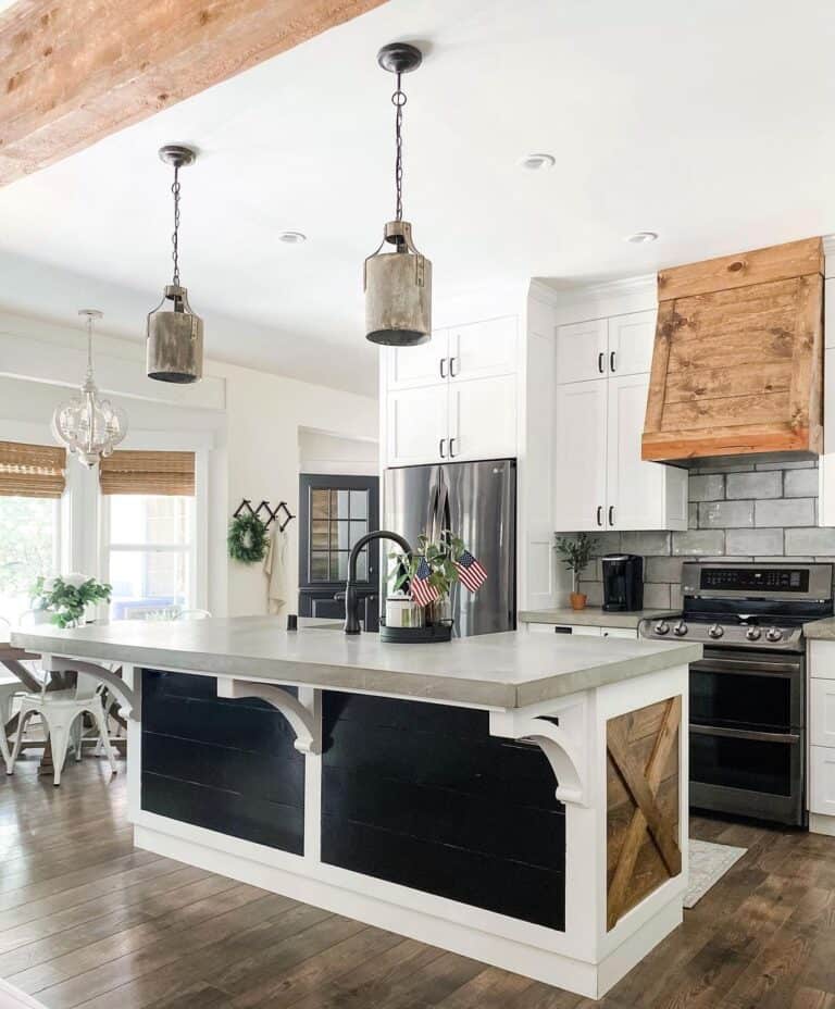 White Kitchen Island with Black Shiplap Panel