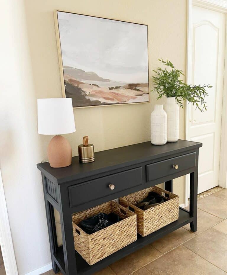 Tall White Vases on Black Side Table