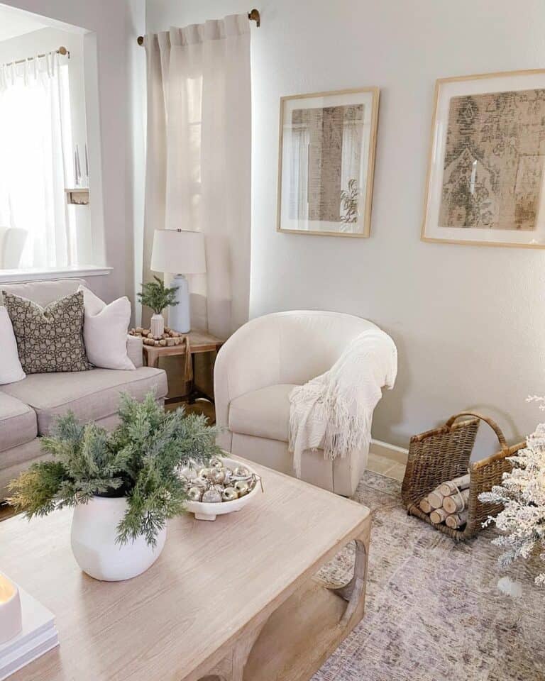 Christmas White Vase Décor in Neutral Sitting Room