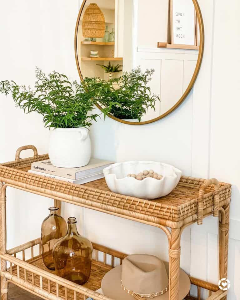 White Flower Pot and Dish on Wicker Bar Cart