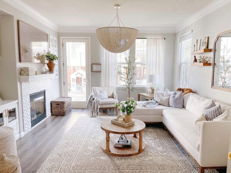 Half-Sphere Rattan Hanging Light Over a Circular Coffee Table