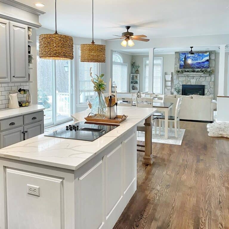 Drum Rattan Hanging Lamps Over a Kitchen Island