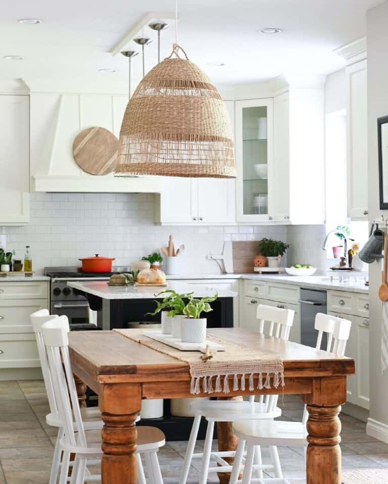 Large Hanging Rattan Lamp Over a Wood Table
