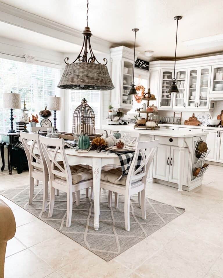 Rattan Light Fixture Over White Dining Table