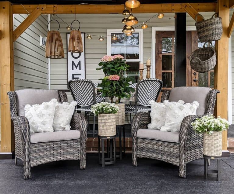 Rattan Light Fixtures in Outdoor Dining Space
