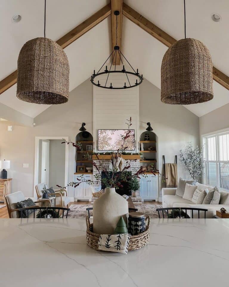 Large Rattan Hanging Lamps Over a Quartz Countertop