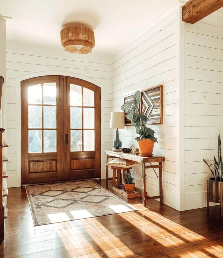 Rattan Hanging Lamp Over a Brown Rug on a Wood Floor