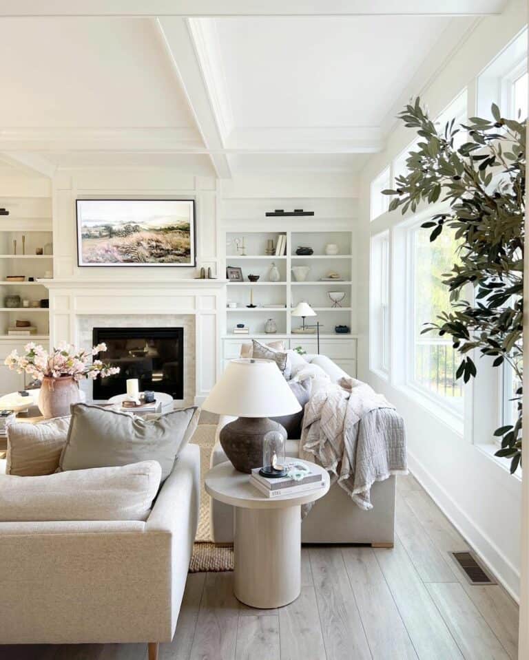 Built-In Shelving Around Living Room Fireplace