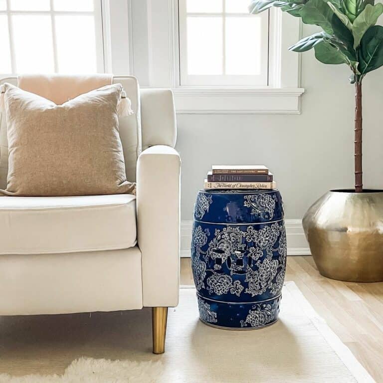 Blue Barrel End Table with White Sofa
