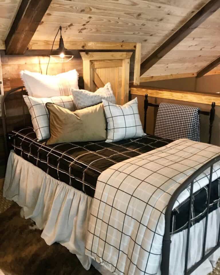 Stained Wood Low Sloped Ceiling Bedroom