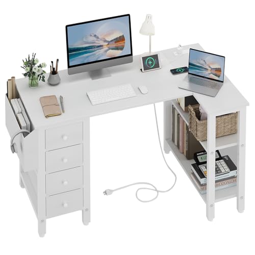 Lufeiya White L Shaped Computer Desk with Drawers & Storage Shelves, 47 Inch Corner Reversible Desk with Power Outlet for Home Office Bedroom, L-Shaped Teen PC Desks with Fabric Drawer, White