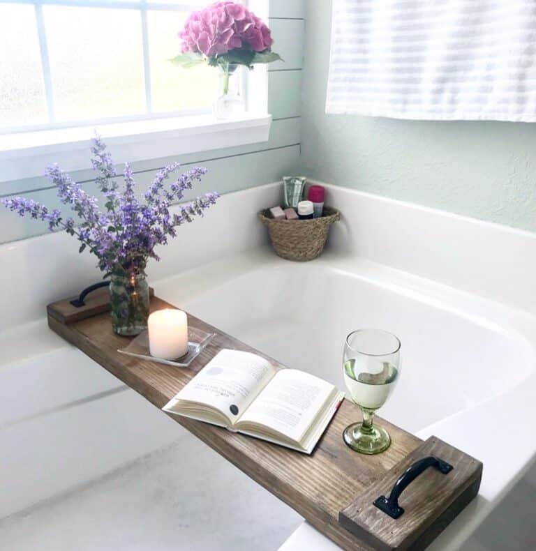Dark Wood Bath Tray with Black Handles